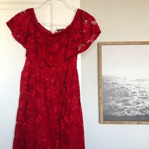 Saucy Red Off Shoulder Francesca’s Lace Dress